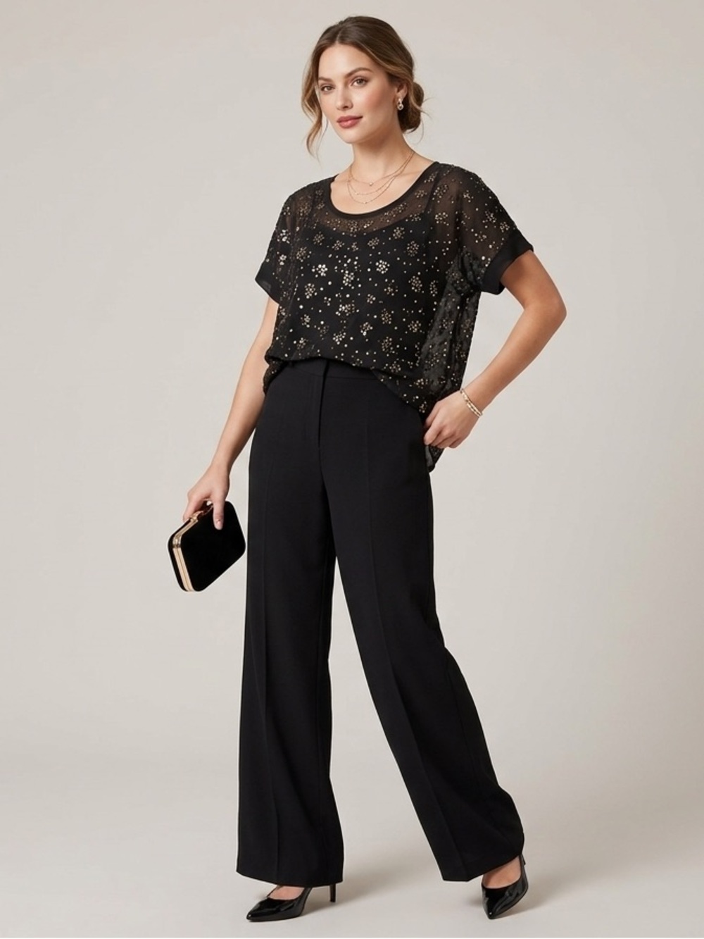Eileen Fisher 100% Silk Sequin Top Large Black Sheer Embroidered Short Sleeve